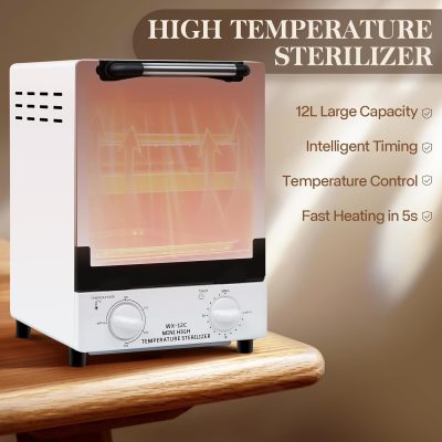 12L High Temperature Cleaning Box, Multifunctional Large Sterilizer Box for Beauty Barber Tools, 110V Adjustable Dry Box with Temp Control, Nail Tool Sterilizer Cabinet Box with 2 Stainsteel Tray